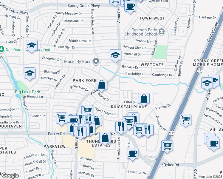 map of restaurants, bars, coffee shops, grocery stores, and more near 816 Cross Bend Road in Plano