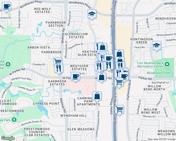 map of restaurants, bars, coffee shops, grocery stores, and more near 3401 Crescent Court in Plano