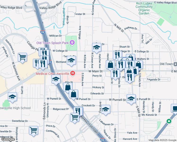 map of restaurants, bars, coffee shops, grocery stores, and more near 403 West Main Street in Lewisville