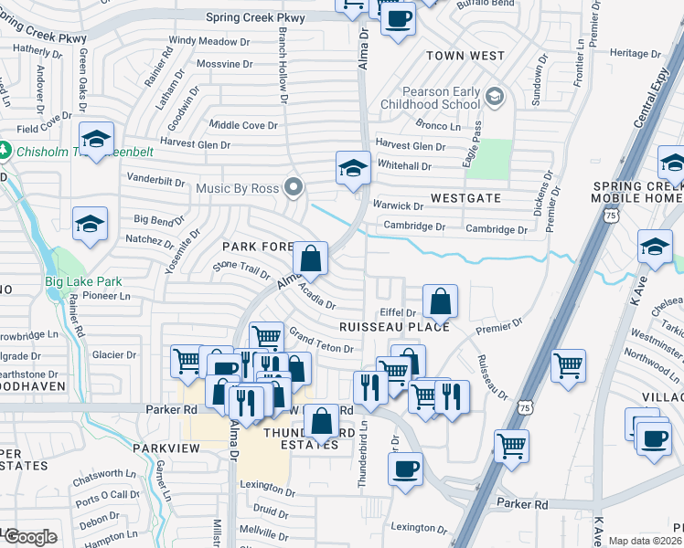 map of restaurants, bars, coffee shops, grocery stores, and more near 816 Cross Bend Road in Plano