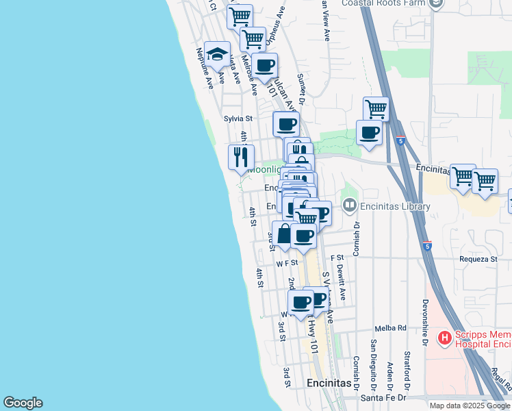 map of restaurants, bars, coffee shops, grocery stores, and more near 431 4th Street in Encinitas