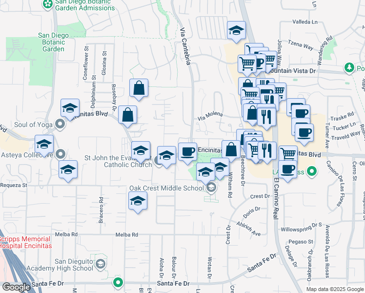 map of restaurants, bars, coffee shops, grocery stores, and more near 120 Via Cantebria in Encinitas