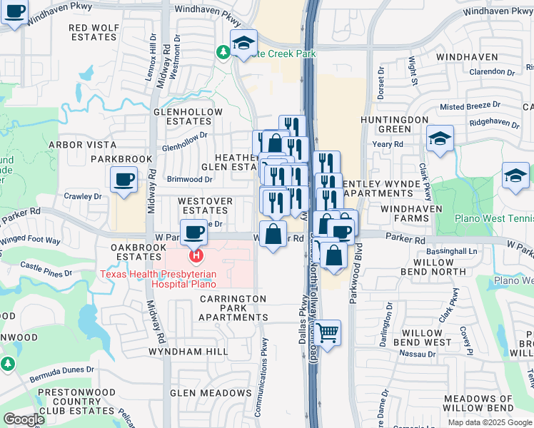 map of restaurants, bars, coffee shops, grocery stores, and more near 3304 Communications Parkway in Plano