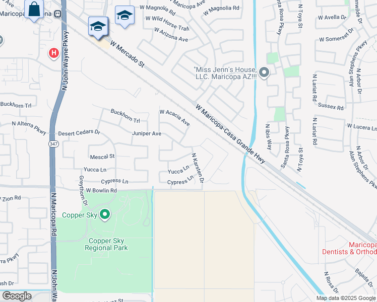 map of restaurants, bars, coffee shops, grocery stores, and more near 43604 Mescal Street in Maricopa