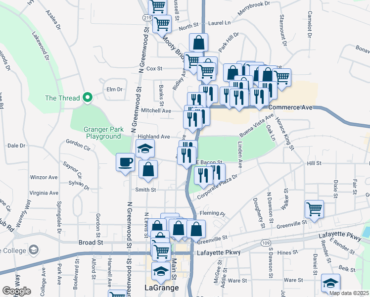 map of restaurants, bars, coffee shops, grocery stores, and more near 510 Ridley Avenue in LaGrange