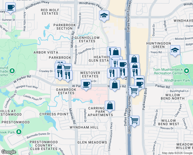 map of restaurants, bars, coffee shops, grocery stores, and more near 3400 Westwind Drive in Plano
