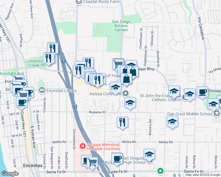 map of restaurants, bars, coffee shops, grocery stores, and more near 519 Encinitas Boulevard in Encinitas