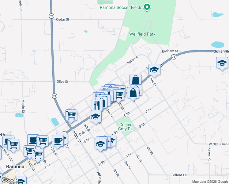 map of restaurants, bars, coffee shops, grocery stores, and more near 202 6th Street in Ramona