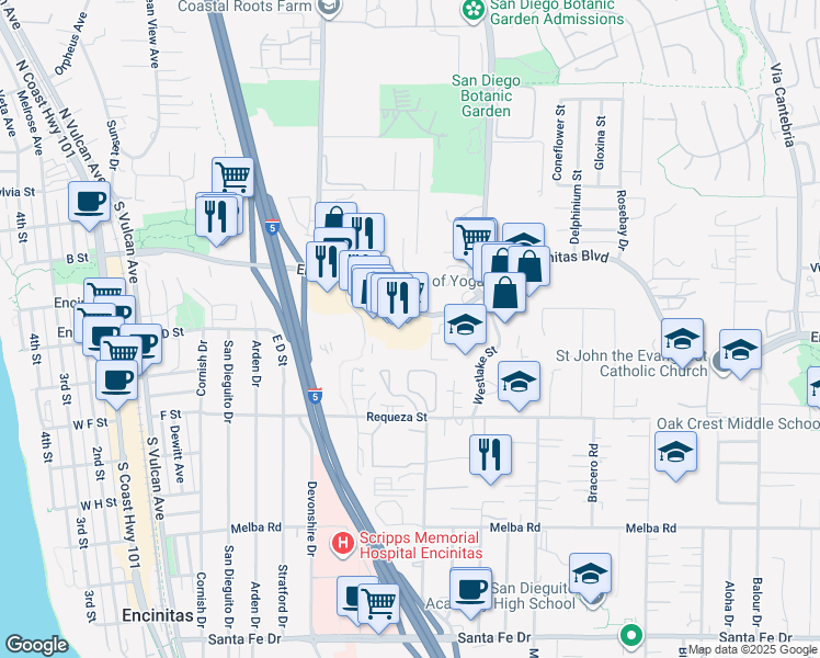 map of restaurants, bars, coffee shops, grocery stores, and more near 479 Encinitas Boulevard in Encinitas
