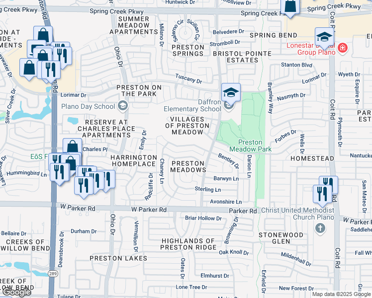 map of restaurants, bars, coffee shops, grocery stores, and more near 4528 Bentley Drive in Plano