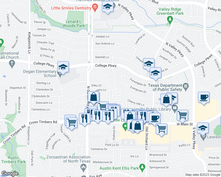 map of restaurants, bars, coffee shops, grocery stores, and more near 1513 Glencairn Lane in Lewisville