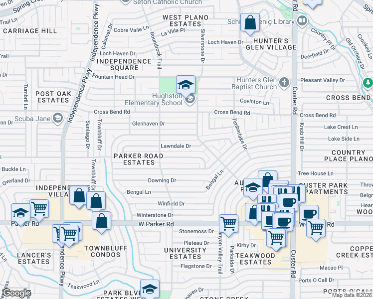 map of restaurants, bars, coffee shops, grocery stores, and more near 2508 Lawndale Drive in Plano