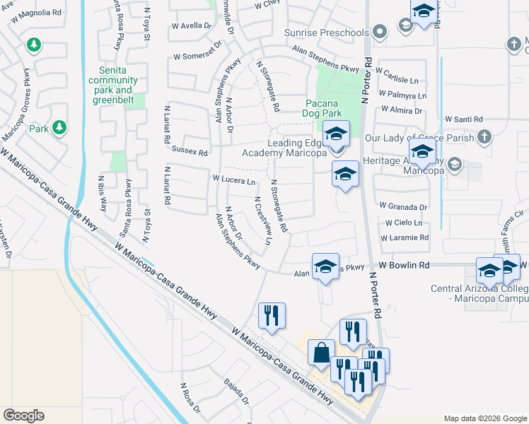 map of restaurants, bars, coffee shops, grocery stores, and more near 18359 North Crestview Lane in Maricopa