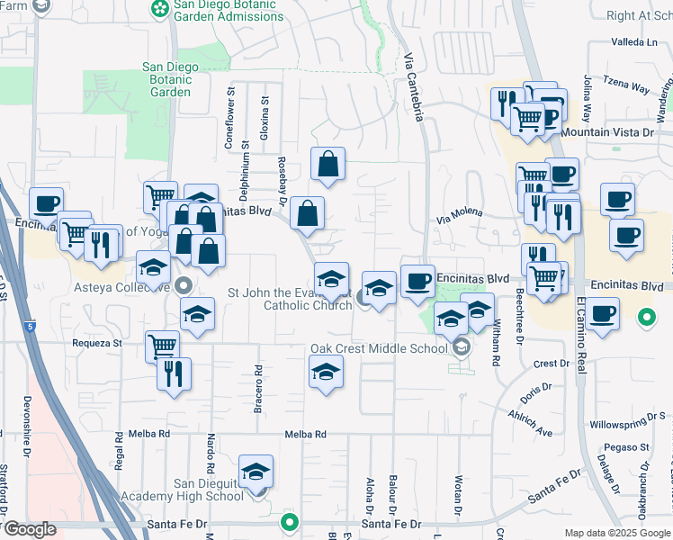 map of restaurants, bars, coffee shops, grocery stores, and more near 924 Encinitas Boulevard in Encinitas