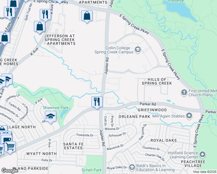 map of restaurants, bars, coffee shops, grocery stores, and more near 2416 Balmoral Drive in Plano