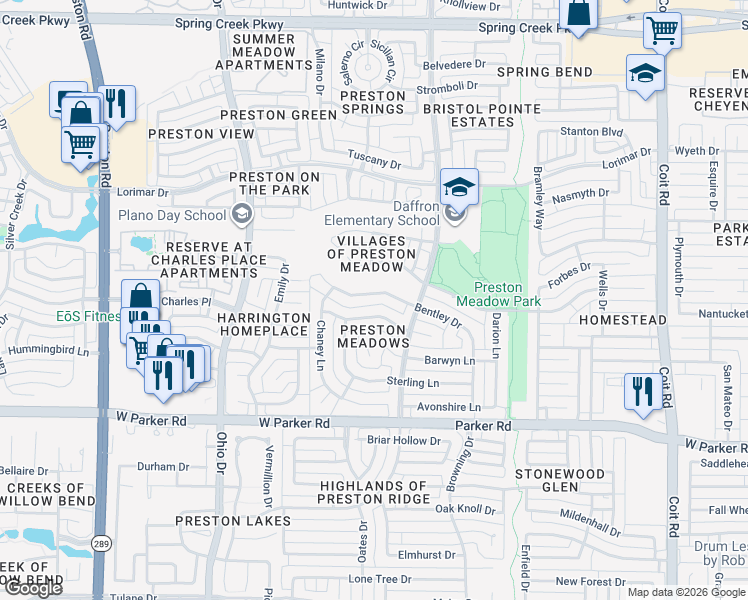 map of restaurants, bars, coffee shops, grocery stores, and more near 4528 Bentley Drive in Plano