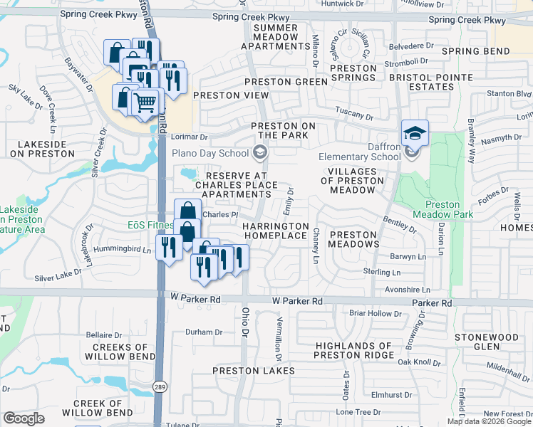 map of restaurants, bars, coffee shops, grocery stores, and more near 4644 Conner Circle in Plano