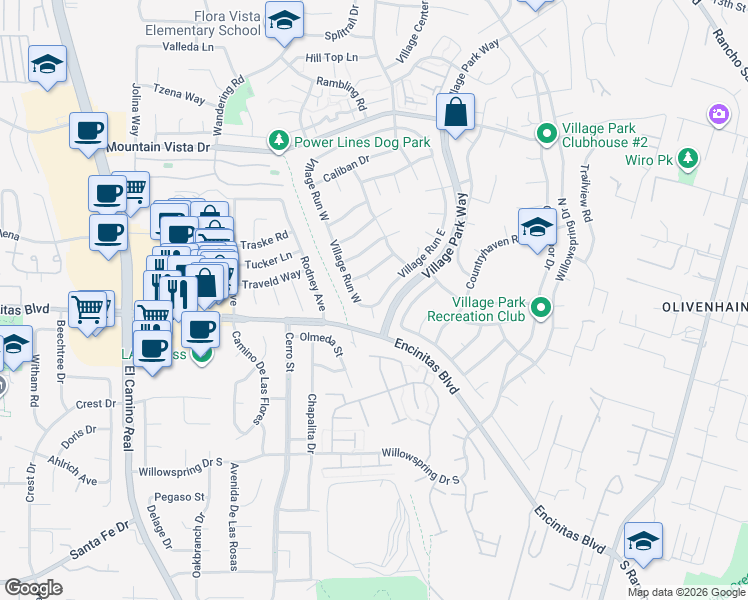 map of restaurants, bars, coffee shops, grocery stores, and more near 112 Village Green Road in Encinitas