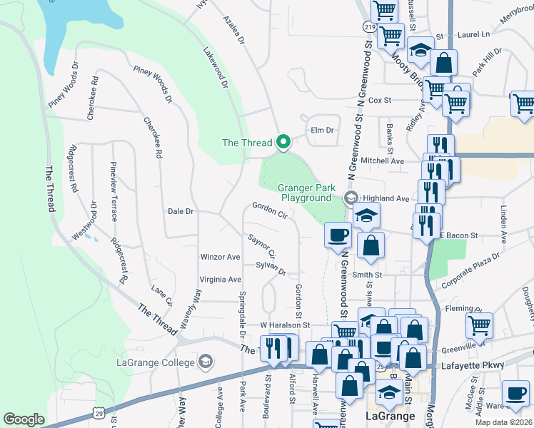 map of restaurants, bars, coffee shops, grocery stores, and more near 441 Gordon Circle in LaGrange