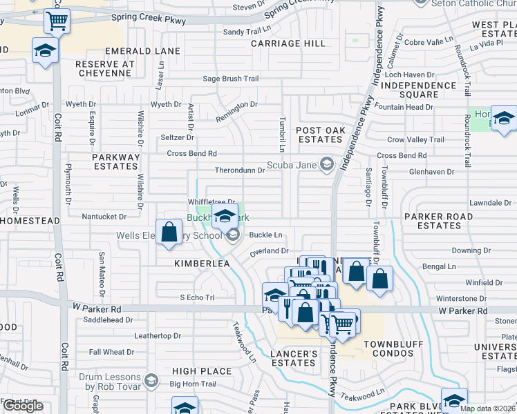 map of restaurants, bars, coffee shops, grocery stores, and more near 3324 Whiffletree Drive in Plano