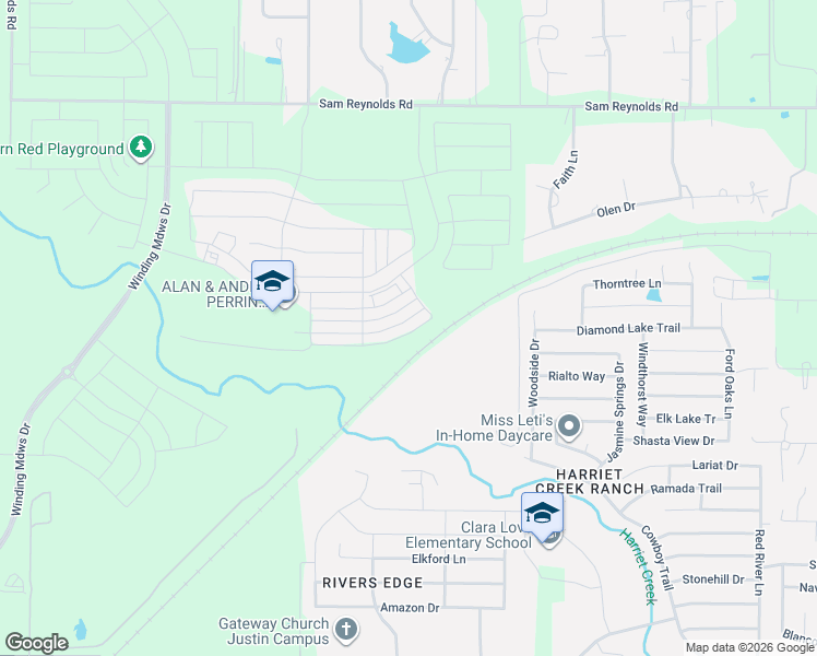 map of restaurants, bars, coffee shops, grocery stores, and more near 16725 Woodside Drive in Justin