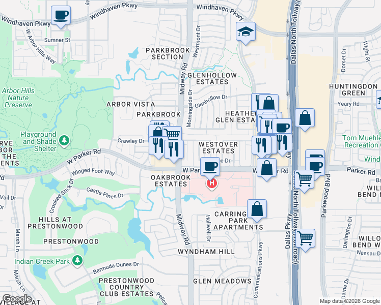 map of restaurants, bars, coffee shops, grocery stores, and more near 3400 Westway Court in Plano