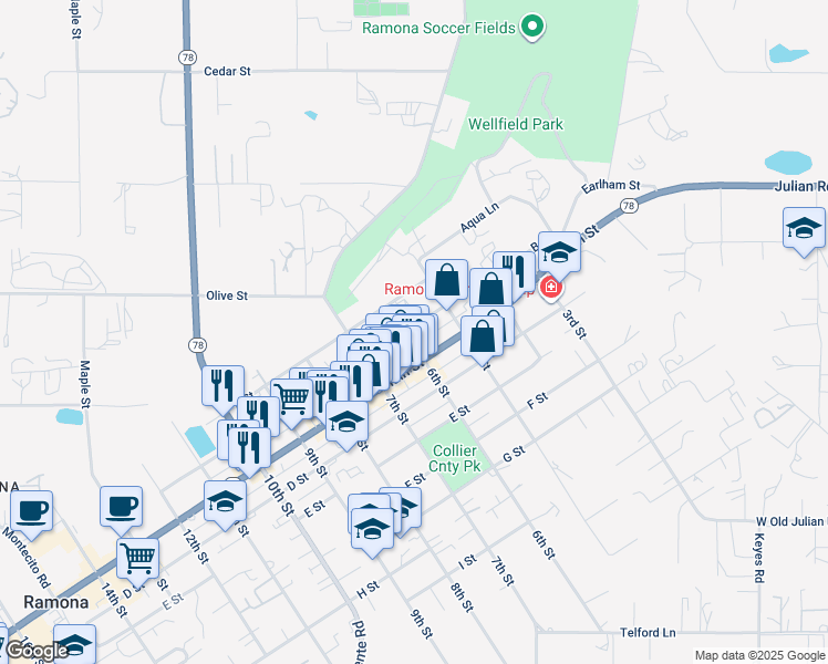 map of restaurants, bars, coffee shops, grocery stores, and more near 526 B Street in Ramona