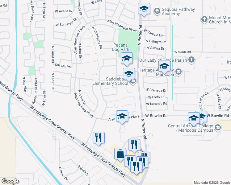 map of restaurants, bars, coffee shops, grocery stores, and more near 41820 W Granada Dr in Maricopa