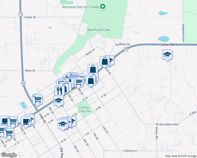 map of restaurants, bars, coffee shops, grocery stores, and more near 403 D Street in Ramona