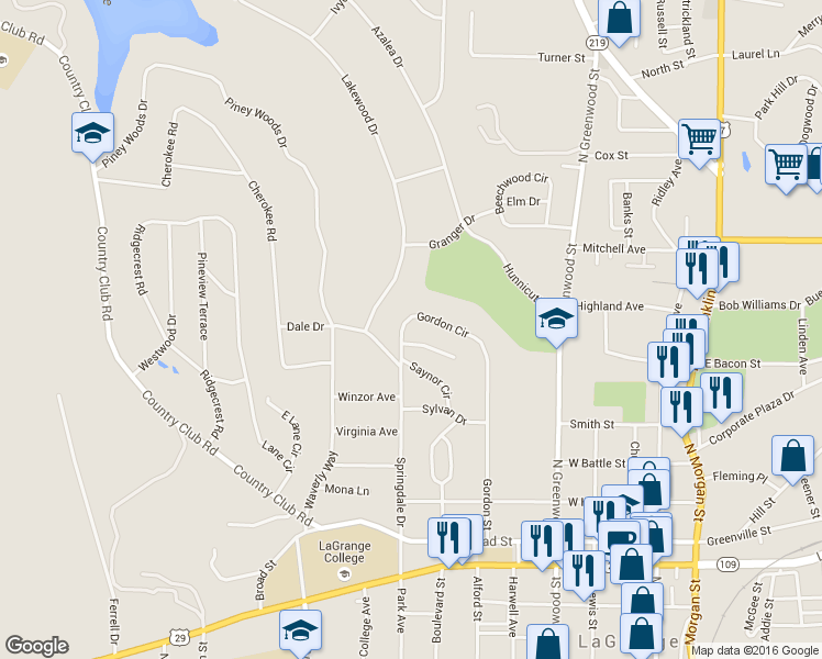 map of restaurants, bars, coffee shops, grocery stores, and more near 453 Gordon Circle in LaGrange