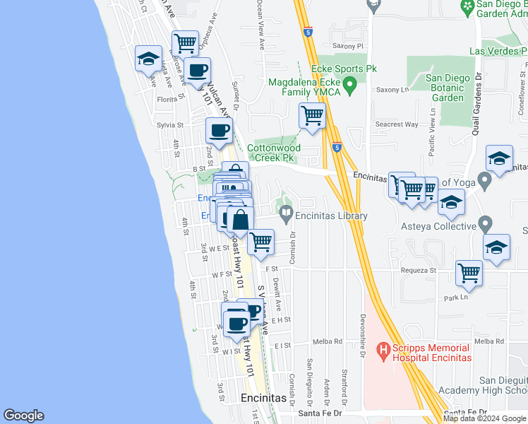 map of restaurants, bars, coffee shops, grocery stores, and more near 421 Playa Blanca in Encinitas