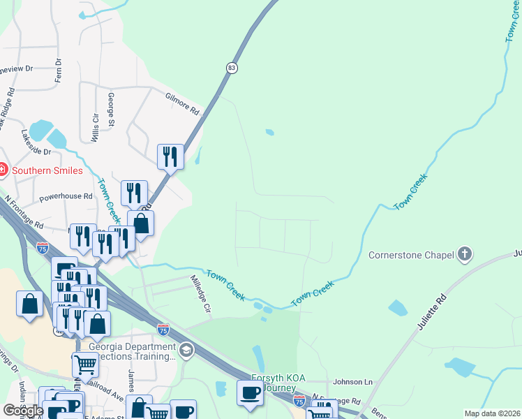 map of restaurants, bars, coffee shops, grocery stores, and more near 5357 Felles Way in Forsyth