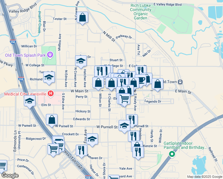 map of restaurants, bars, coffee shops, grocery stores, and more near 179 West Main Street in Lewisville