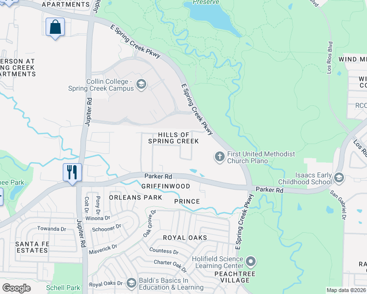 map of restaurants, bars, coffee shops, grocery stores, and more near 3512 Calaveras Way in Plano