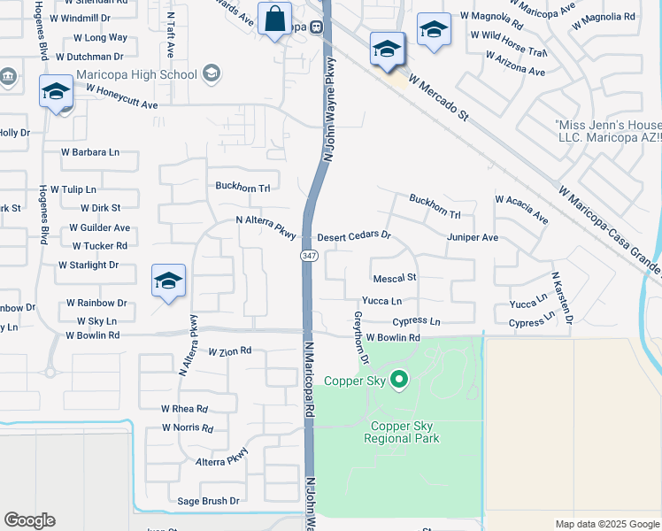 map of restaurants, bars, coffee shops, grocery stores, and more near 18351 N Soft Wind Dr in Maricopa