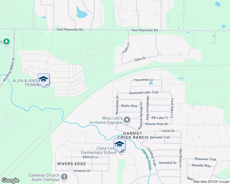 map of restaurants, bars, coffee shops, grocery stores, and more near 16725 Woodside Drive in Justin
