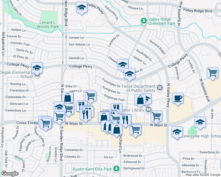 map of restaurants, bars, coffee shops, grocery stores, and more near 1409 Evergreen Drive in Lewisville