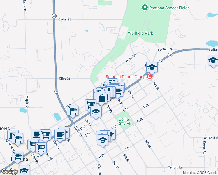 map of restaurants, bars, coffee shops, grocery stores, and more near 605 B Street in Ramona