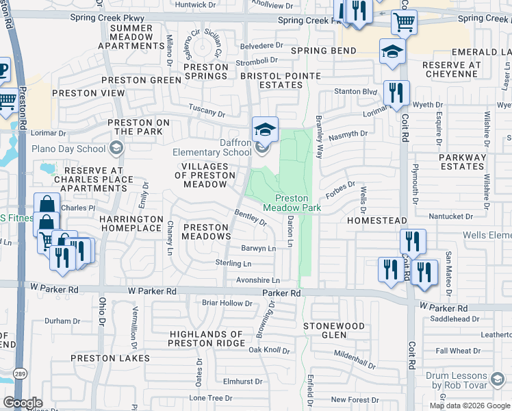 map of restaurants, bars, coffee shops, grocery stores, and more near 4432 Emerson Drive in Plano