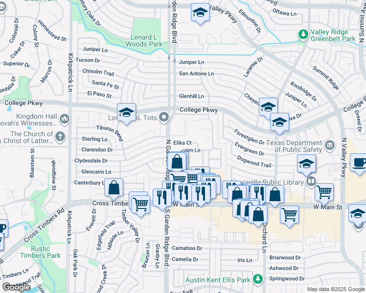 map of restaurants, bars, coffee shops, grocery stores, and more near 1548 Elika Court in Lewisville