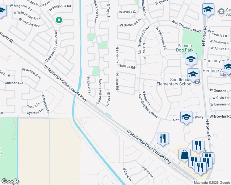 map of restaurants, bars, coffee shops, grocery stores, and more near 18370 North Lariat Road in Maricopa