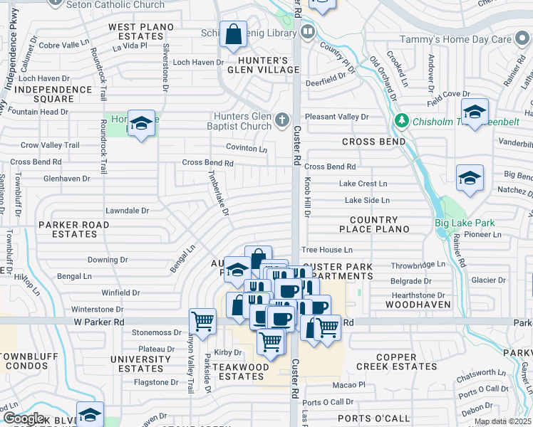map of restaurants, bars, coffee shops, grocery stores, and more near 2112 Bengal Lane in Plano