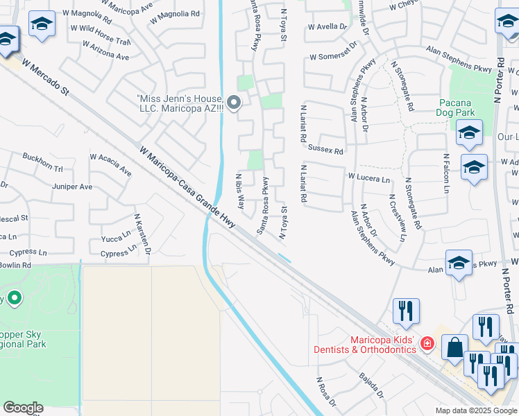 map of restaurants, bars, coffee shops, grocery stores, and more near 18367 North Wilson Street in Maricopa