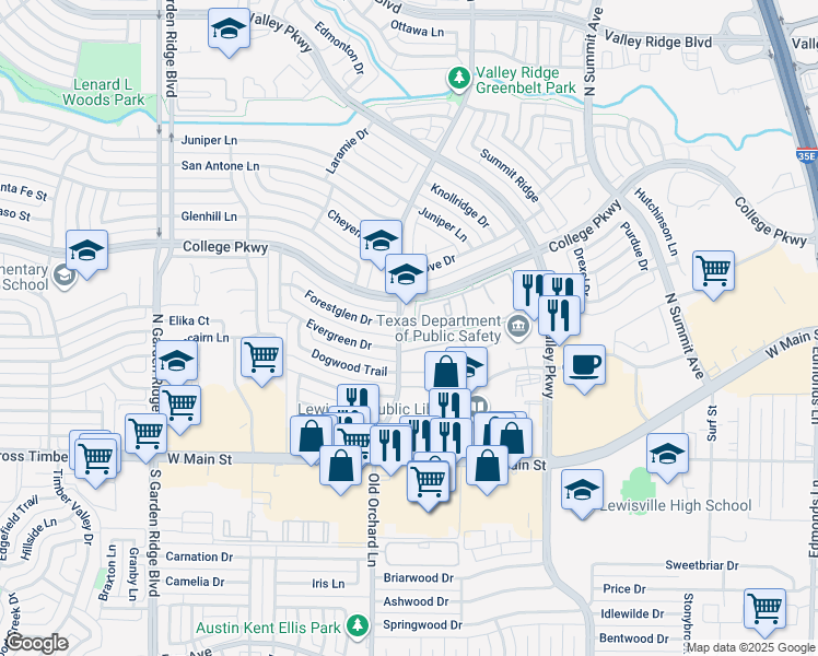 map of restaurants, bars, coffee shops, grocery stores, and more near 1200 College Parkway in Lewisville