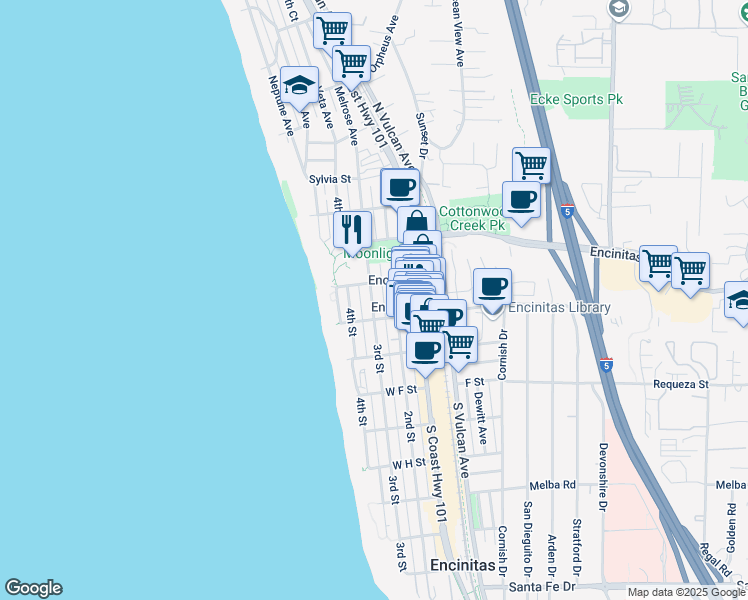 map of restaurants, bars, coffee shops, grocery stores, and more near 433 3rd Street in Encinitas