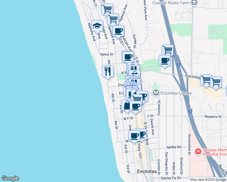 map of restaurants, bars, coffee shops, grocery stores, and more near 426 4th Street in Encinitas