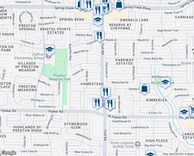 map of restaurants, bars, coffee shops, grocery stores, and more near 4004 Emerson Drive in Plano