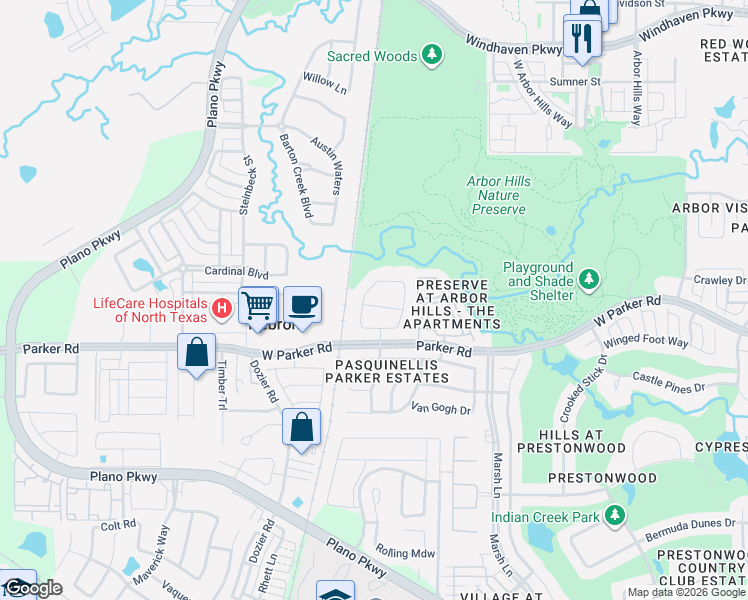 map of restaurants, bars, coffee shops, grocery stores, and more near 7245 Bianca Lane in Plano