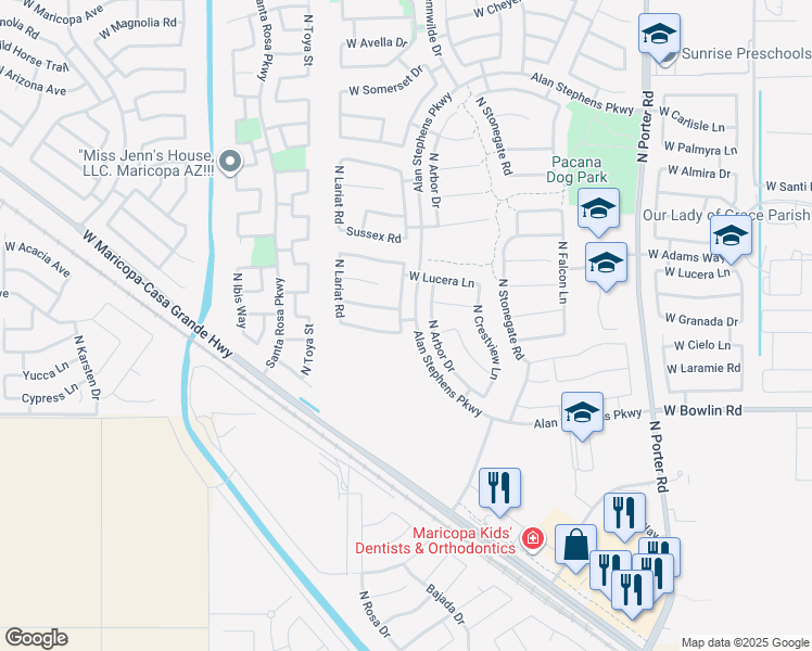 map of restaurants, bars, coffee shops, grocery stores, and more near 18357 North Ventana Lane in Maricopa