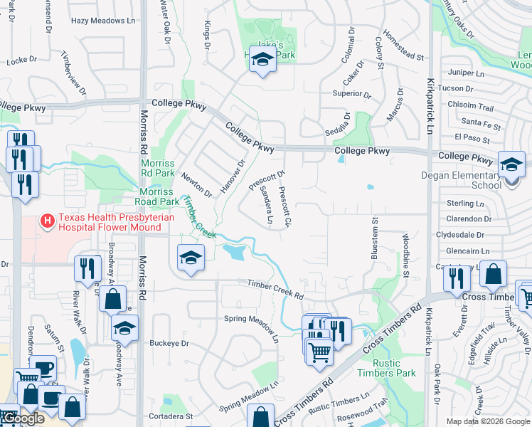 map of restaurants, bars, coffee shops, grocery stores, and more near 4517 Sandera Lane in Flower Mound